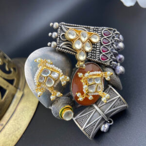 Design 1- German Silver With Paachi Kundan Combo Adjustable Bracelet