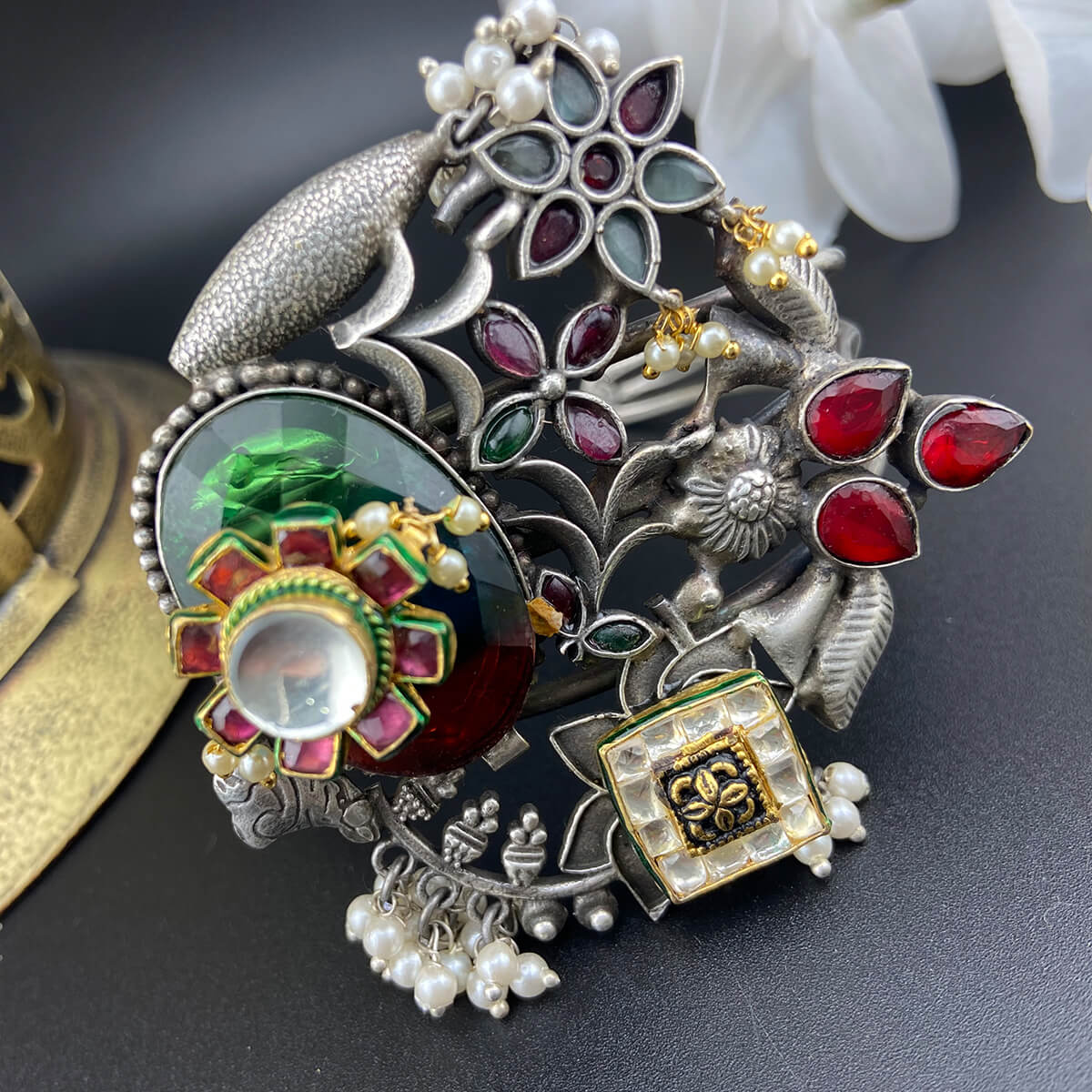 Design 2- German silver with Paachi kundan combo adjustable bracelet