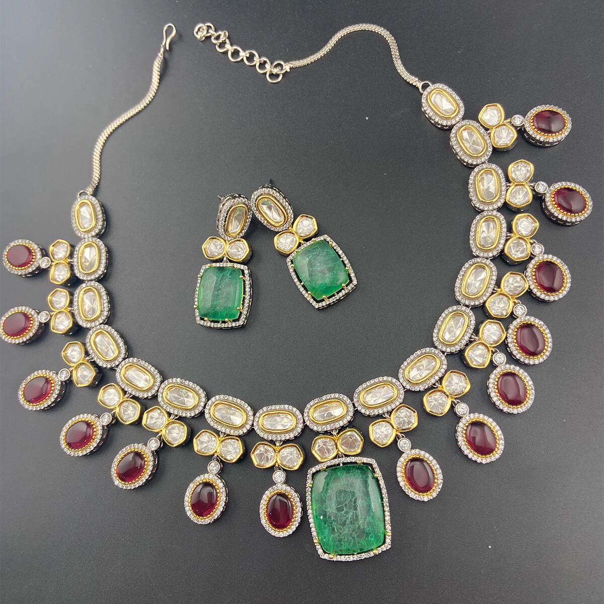Uncut Kundan Premium Design With Ruby Green Mosissanite